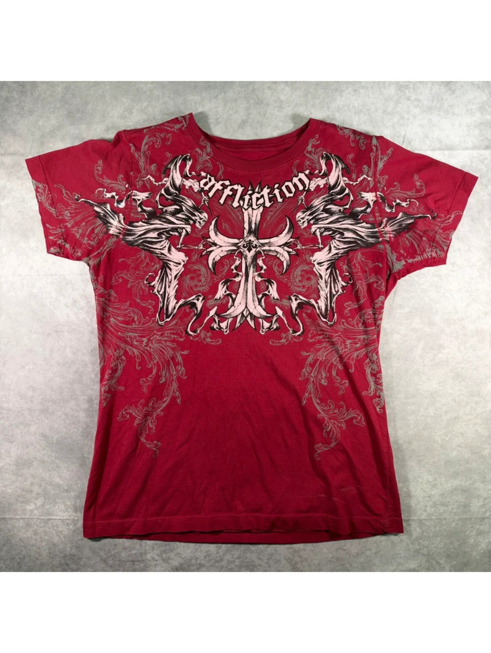 Vintage Affliction Live Fast Grim Reaper Cross T-Shirt Red Mens Size M Y2K